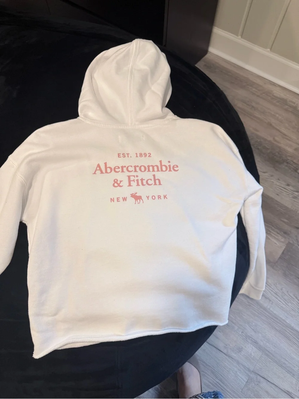abercrombie kids White Crewneck Hooded Sweater with Pink Embroidered Logo